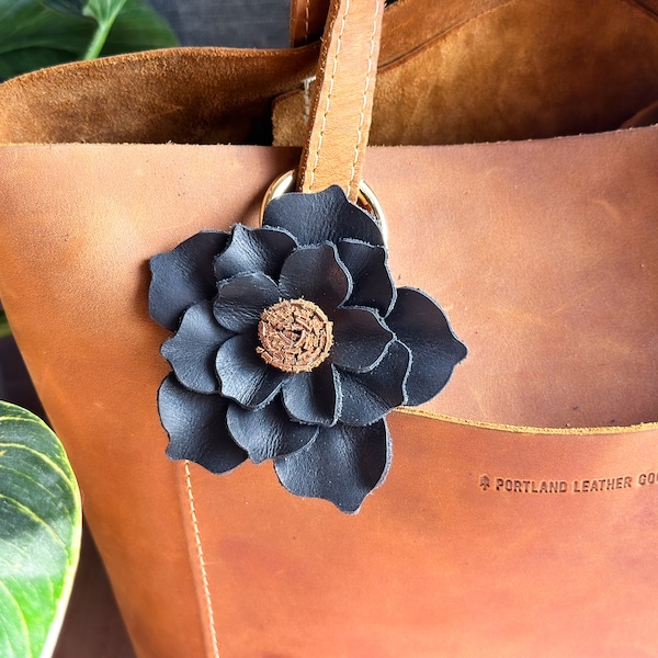 Black Flower Leather Purse Charm, Single Magnolia Flower Purse Charm, Genuine Leather Tote Charm, Magnolia Flower Bag Charm