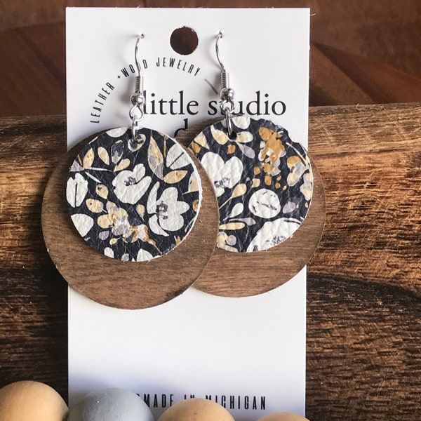 Navy and Mustard Floral Wood and Leather Earrings, Wood Circle Earrings, Poppy Floral Earrings, Boho Floral Leather Earrings