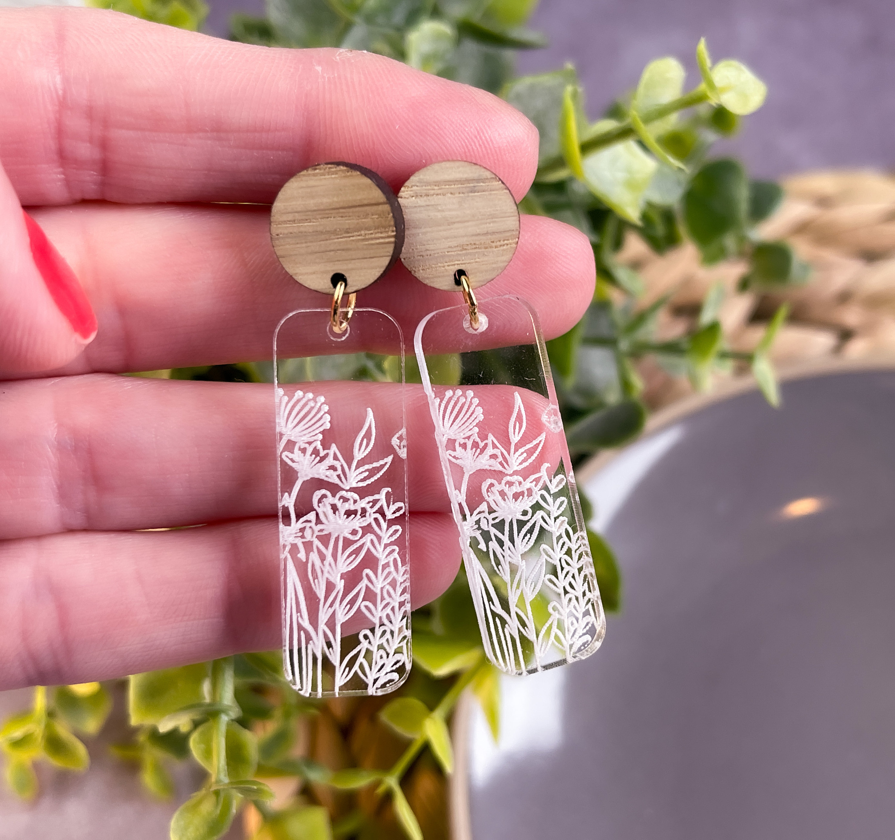 Clear Acrylic Wildflower Earrings, Engraved Earrings, Bar Earrings