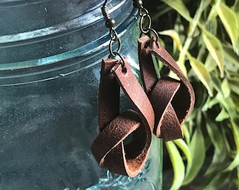 Knot earrings, Leather Knot Earrings, Leather Earrings, Brown Leather Earrings, Little Studio Design Co