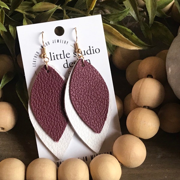 Maroon and White Leather Earrings, Texas A&M Earrings, College Football Earrings, Layered Leather Earrings, College Station Earrings