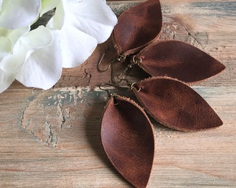 Brown Leather Petal Earrings, Genuine Leather Earrings, Leather Leaf Earrings, Small Brown Leather Petals, Little Studio Design Co