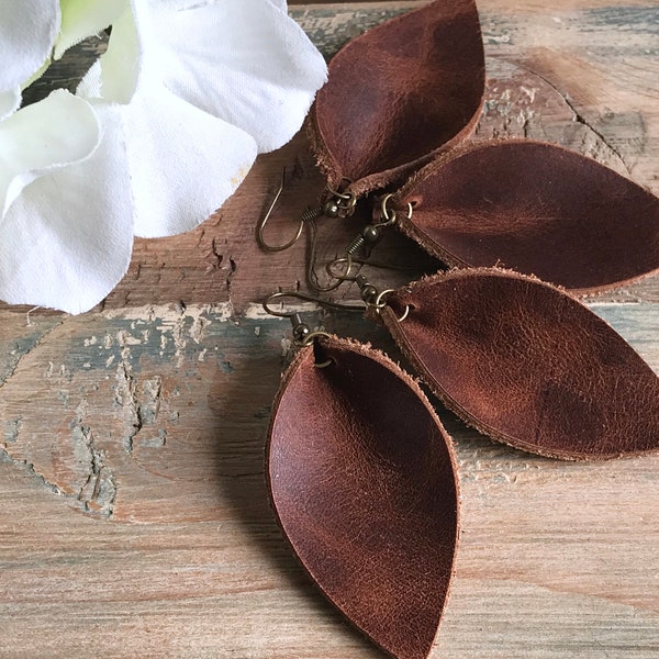 Brown Leather Petal Earrings, Genuine Leather Earrings, Leather Leaf Earrings, Small Brown Leather Petals, Little Studio Design Co