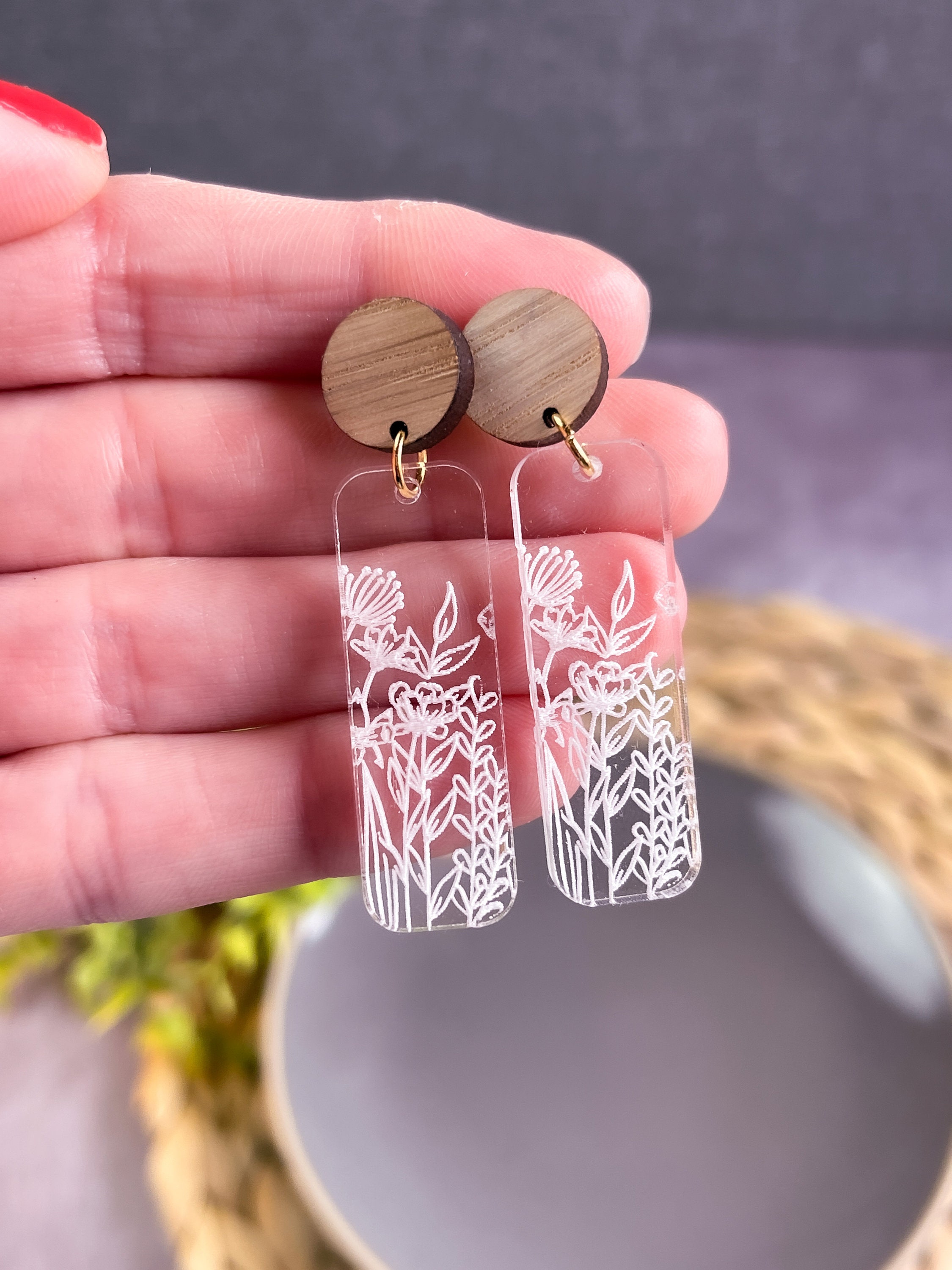 Clear Acrylic Wildflower Earrings, Engraved Earrings, Bar Earrings