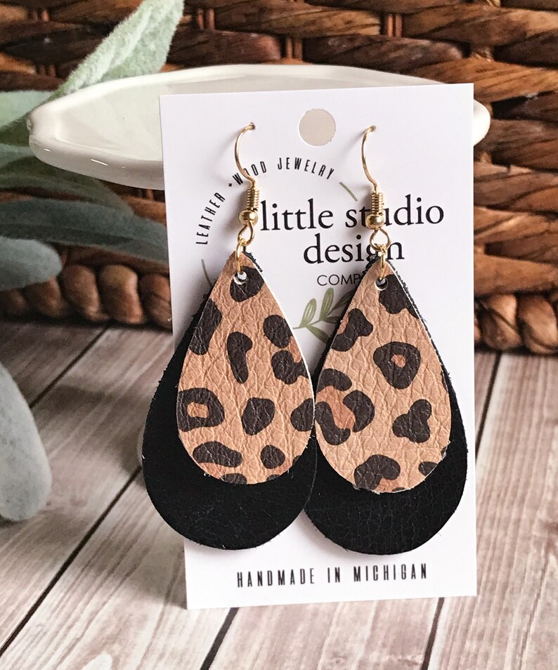 Bridesmaid Earrings Black Leather Earrings Christmas Gift her Leopard Leather Teardrop Earrings Layered Leather Earrings