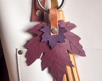 Merlot Fall MAPLE Leaf Purse Charm,  Genuine Leather Bag Charm,  Autumn Fall Purse Bling flair, Red Bag Charm, Large Leather Leaf