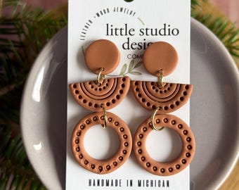 Caramel Tan Embossed Clay Earrings, Handmade Polymer Clay, Boho Handmade Earrings, Michigan gifts, Dangle earrings, Stocking gift