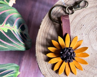 Small Sunflower Purse Charm, Black Eyed Susan Flower Purse Charm, Genuine Leather Charm,  Yellow Flower Bag Charm