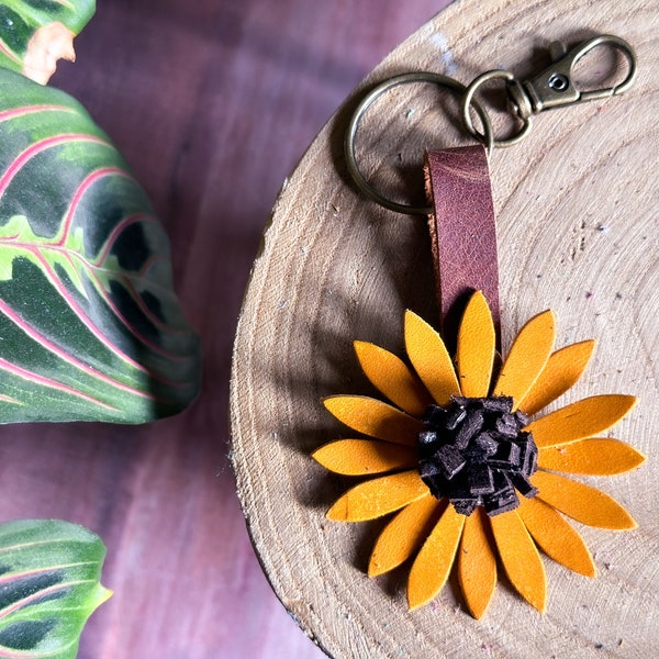 Small Sunflower Purse Charm, Black Eyed Susan Flower Purse Charm, Genuine Leather Charm,  Yellow Flower Bag Charm