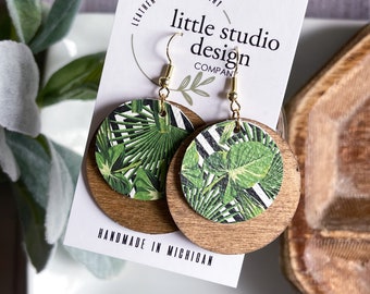 Tropical Leather and Wood Earrings, Summer Earrings, Vacation Earrings, Monstera Earrings, Handmade in Michigan, Little Studio Design Co