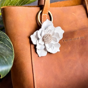 White Flower Purse Charm, Single Magnolia Flower Purse Charm, Genuine Leather Tote Charm, Magnolia Flower Bag Charm