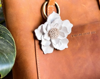 White Flower Purse Charm, Single Magnolia Flower Purse Charm, Genuine Leather Tote Charm, Magnolia Flower Bag Charm