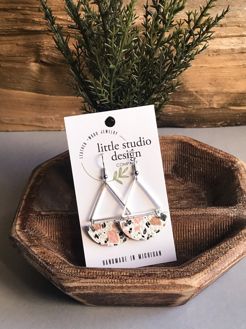 Marbled Earrings Terrazzo Leather Triangle Earrings Bridesmaid Earrings Christmas Gift her Triangle Earrings Anniversary Earrings
