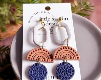 Caramel and Dark Purple Embossed Clay Teardrop, Handmade Polymer Clay Earrings, Boho Handmade Earrings, Modern Statement Earrings
