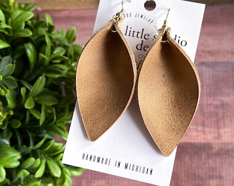 Genuine Leather Petal Earrings, Tan Camel Leather Pinched Leaf Earrings, Distressed Leather Earrings, Leather Diffuser Earrings
