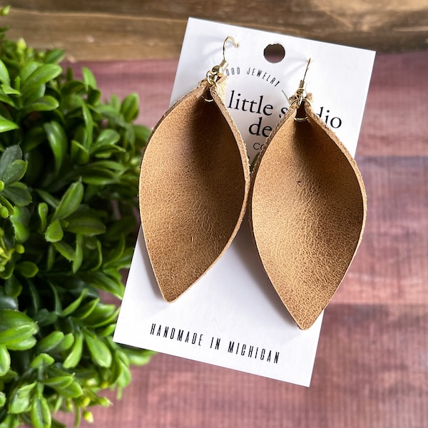 Genuine Leather Petal Earrings, Tan Camel Leather Pinched Leaf Earrings, Distressed Leather Earrings, Leather Diffuser Earrings