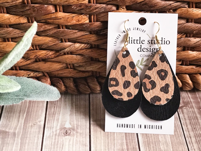 Bridesmaid Earrings Black Leather Earrings Christmas Gift her Leopard Leather Teardrop Earrings Layered Leather Earrings