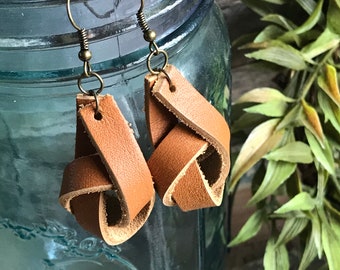 Cognac Tan Leather Knot Earrings, Genuine Leather Earrings, Boho Style Earrings, Little Studio Design Co