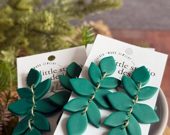 Green Leaf Dangle Earrings, Christmas Earrings, Green Leaf Earrings, Handmade Clay Earrings, Beautiful Emerald Earrings