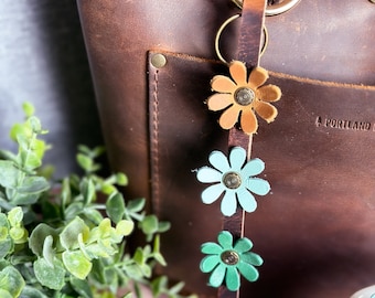 Tan Mint and Green Leather Daisy Trio Purse Charm,  Flower Purse Charm, Genuine Leather Bag Charm,  Keychain purse Bling, Spring Bag Charm