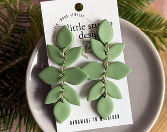 Olive Green Leaf Dangle Earrings, Christmas Earrings, Green Leaf Earrings, Handmade Clay Earrings, Holiday Party Earrings