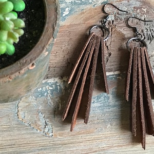 Brown Leather Fringe Earrings, Long Leather Earrings, Fringe dangle Earrings, Genuine Leather Earrings, Boho Leather Earrings,