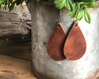 Leather Teardrop Earrings, Brown Leather Earrings, Rustic Leather Earrings, Leather Earrings, Little Studio Design Co