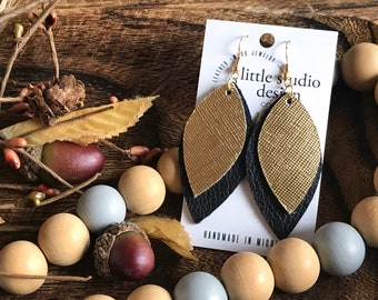 Black and Gold Leather Earrings, GEAUX SAINTS Earrings, New Orleans Football Earrings, Leather Leaf Earrings, Little Studio Design Co