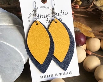 Michigan Leather Football Earrings, Blue and Maize Leather Earrings, Wolverine Earrings, Game Day Earrings, Layered Leather Earrings
