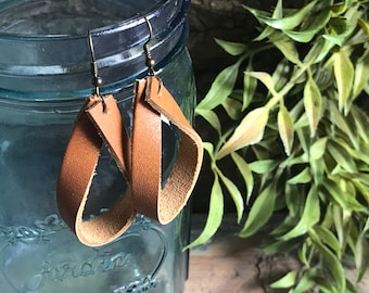 Leather Boho Loop Earrings, Cognac Leather Hoop Earrings, Genuine Leather Earrings, Little Studio Design Co