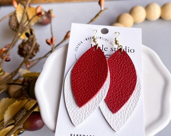Crimson and White Leather Earrings, Alabama Roll Tide Earrings, Football Earrings, Scarlet and White Earrings, Ohio Buckeye Earrings