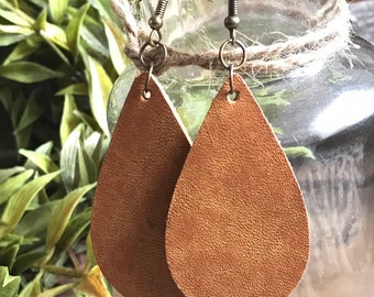Cognac Leather Teardrop Earrings, Genuine Leather Earrings, Leather Teardrop Earrings, Boho Leather Earrings, Little Studio Design Co