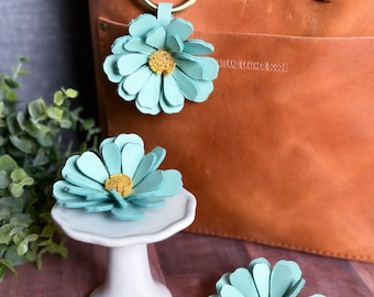 Large Daisy Flower Purse Charm, Mint Blue Flower Purse Charm, Genuine Leather Bag Charm,  purse Bling flair, Spring Bag Charm, Large Flower