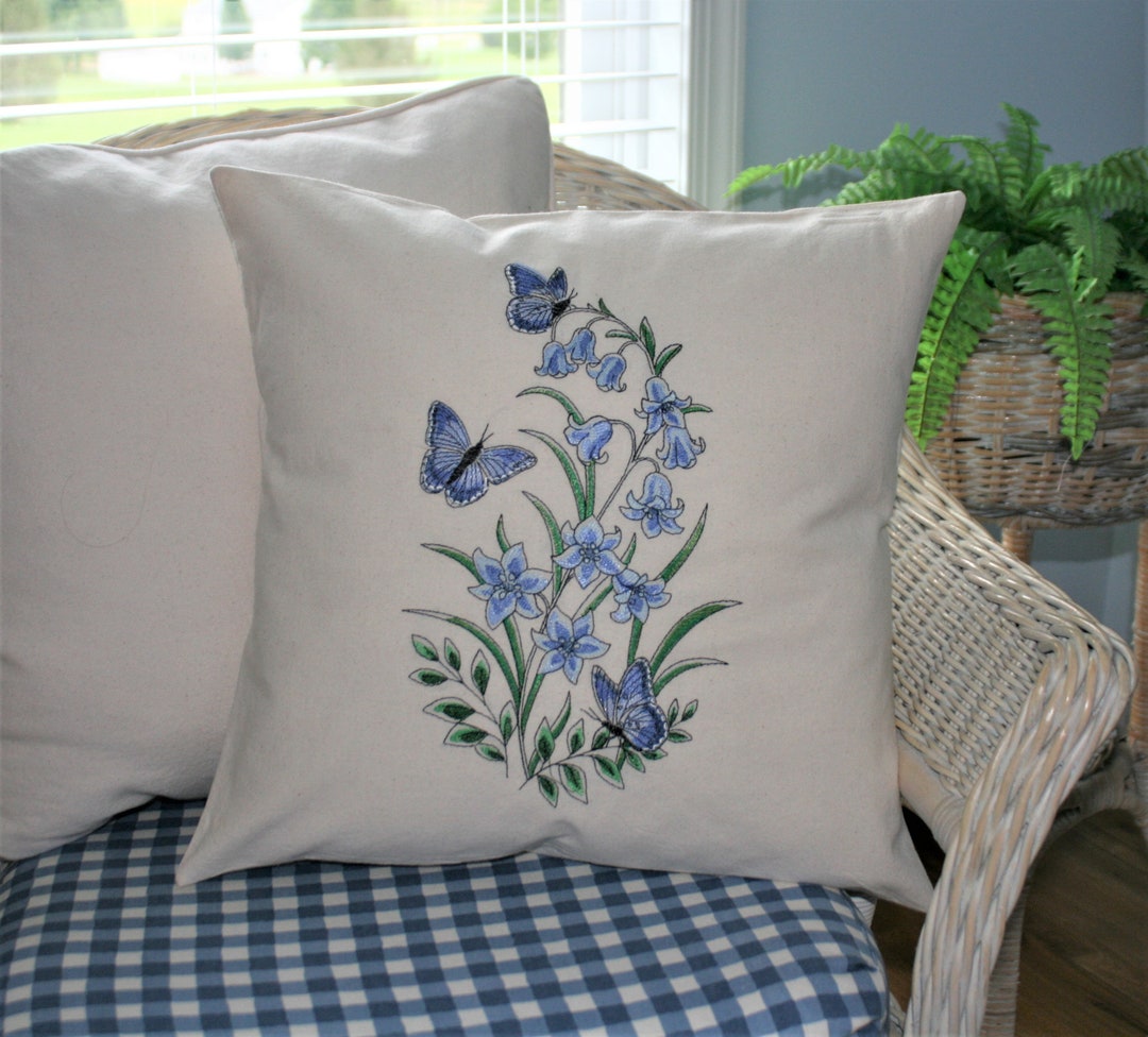 Bluebells and Butterflies Embroidered Throw/accent Pillow, Home Decor