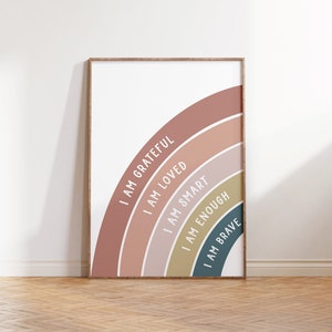 Rainbow Affirmations Wall Print, Affirmations for Kids, Boho Rainbow, Nursery Decor, Rainbow Print, I am Smart Loved Brave, Instant Download