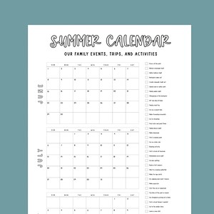 Calendario de verano imprimible, calendario de verano de 2025, lista de actividades para el verano, calendario familiar, planificador de verano, lista de verificación de verano para niños