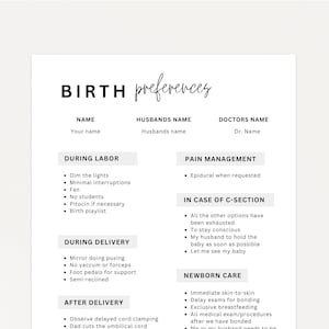 Editable Birth Plan, Birth Plan Template, Canva Template, Simple Printable Birthing Plan, Labor And Delivery Preferences, Birth Preferences