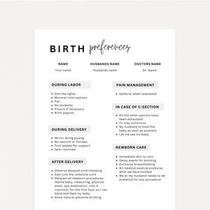 Editable Birth Plan Template: Canva Printable Birthing Preferences