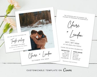 Bearbeitbare Foto-Hochzeitseinladungsvorlage: Tempel-Siegelkarte (Canva Digital Download)