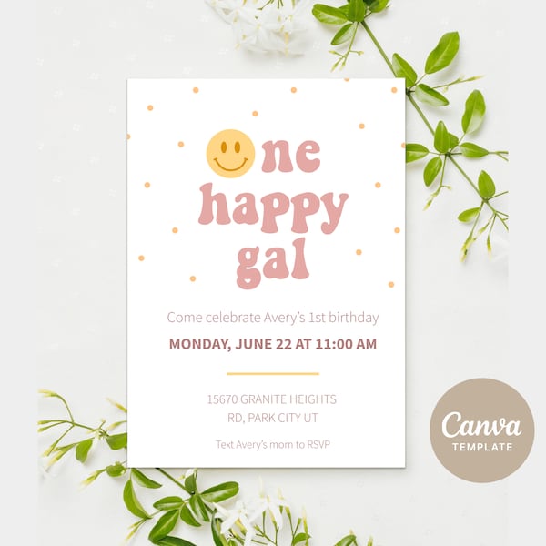 One Happy Gal Invitation, Girl 1st Birthday invite, Smiley Face Invite, First Birthday, Boho party, Editable Template, Instant Download