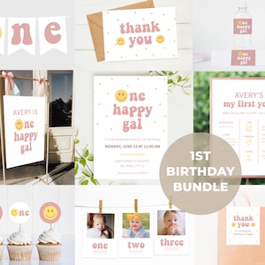 One Happy Gal birthday bundle, Editable template, Girl 1st birthday, Printable 1st birthday party bundle , Smiley face party decor