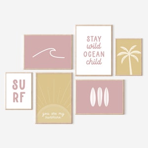 Boho Pink Surf Gallery Wall Art Set of 6 prints, Girls Surf Nursery Decor, Boho Beach Decor, Surfer Kids Room, Beach Wall Decor, Printable