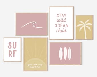 Boho Surf Gallery muurkunstset: roze strandprints (digitale download)