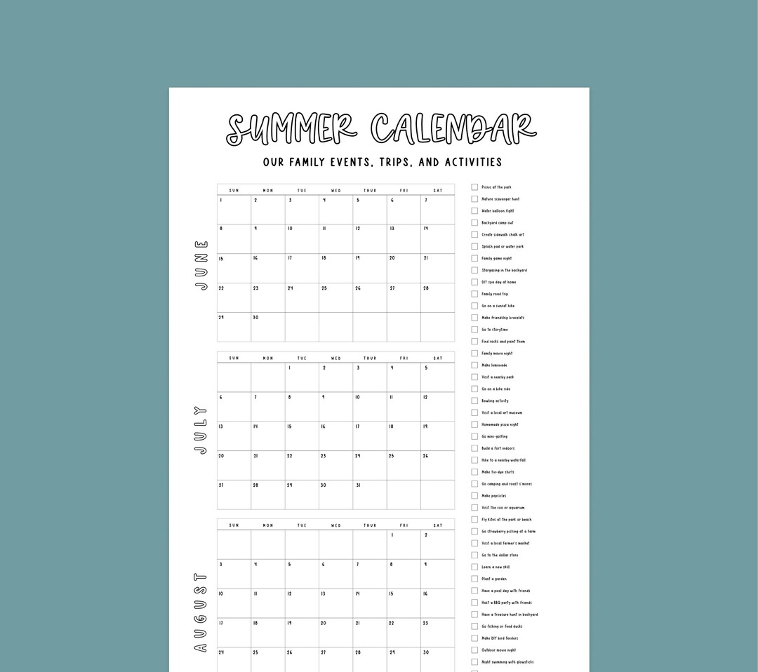 Printable Summer Calendar Poster, Summer 2025 Calendar, Bucket List