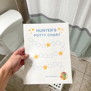 May include: A white potty training chart with blue circles and yellow stars. The chart says "HUNTER'S POTTY CHART" and has a sticker that says "YAY! YOU DID IT!" with a picture of Play-Doh.