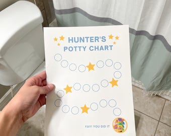 May include: A white potty training chart with blue circles and yellow stars. The chart says "HUNTER'S POTTY CHART" and has a sticker that says "YAY! YOU DID IT!" with a picture of Play-Doh.