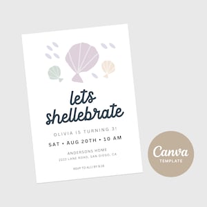 Invitación a Shellebrate, invitación de concha marina, invitación de cumpleaños de niñas, invitación a fiesta de sirena, plantilla editable, fiesta de sirenita