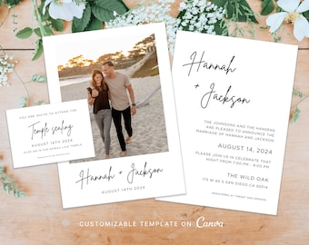 Bearbeitbare Foto-Hochzeitseinladungsvorlage: Tempel-Siegelkarte (Canva Digital Download)