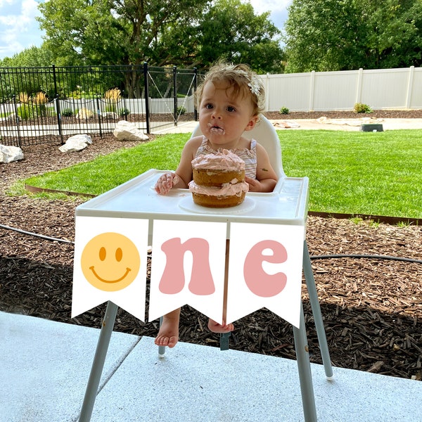 One Happy Gal birthday banner, Printable Girl 1st birthday high chair banner, 1st birthday party, Smiley face party decor