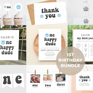 Blue One Happy Dude birthday bundle, Editable template, Boy&#39;s 1st birthday, Printable one-year-old birthday party, Smiley face party decor